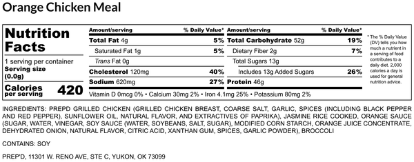 Nutrition facts label for Orange Chicken Meal with serving size, calories, and ingredient list.