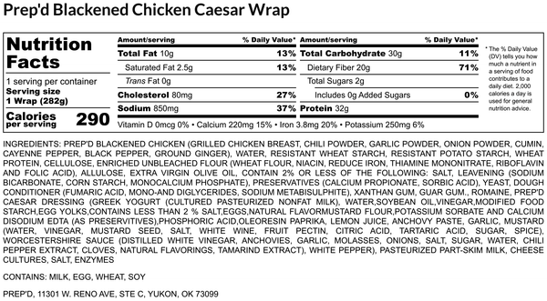 Prep’d Blackened Chicken Caesar Wrap Nutrition Label